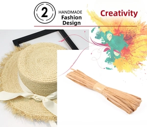 Detail of beige raffia sun hat with white bow ribbon alongside raw weaving material