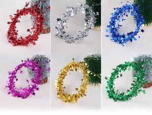Six colors of 7.5m star wire tinsel garlands for Christmas tree decoration displayed in a grid