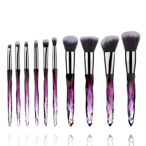Detail of 10-piece makeup brush set with purple crystal handles and gradient bristles