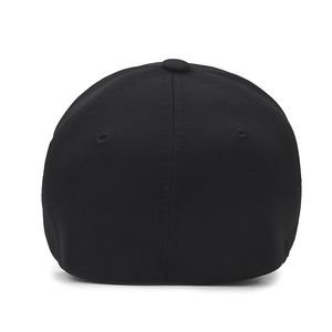 Rear view of a classic black cotton twill baseball cap with breathable eyelets and top button