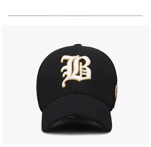 Close-up of gothic letter B 3D embroidery on a black stretch-fit baseball cap