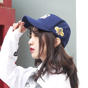 Navy blue fitted baseball cap with yellow B embroidery and bee patch on side