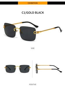 Three-view detail of rimless square sunglasses with golden twisted metal temples