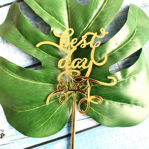 Golden acrylic 'Best Day Ever' cake topper detail over green leaf on blue wood background