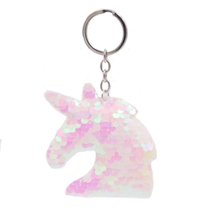 Close-up of iridescent white and pink sequin unicorn head keychain with silver metal ring