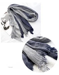 Detailed fabric texture of blue and white striped scarf with natural fringe edges