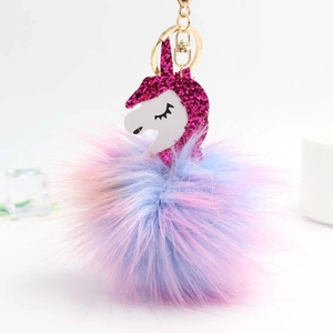 Colorful Plush Unicorn Keychain Gradient Faux Fur Ball Bag Charm With Glitter Unicorn Head Golden Keyring Gift For Women Girls