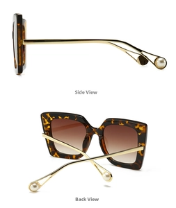 Detailed side and back view of cat eye sunglasses with leopard frame and pearl temple tips