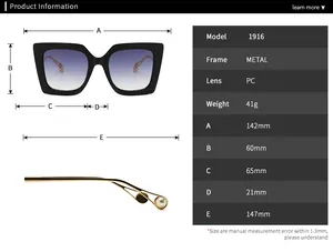 Detailed size chart for vintage oversized cat-eye sunglasses with metal frames