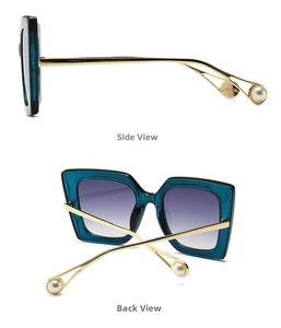 Detailed side and back view of teal cat eye sunglasses with gold temples and pearl tips
