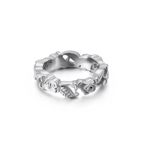 Silver vintage rose flower wrap ring with detailed floral vine and leaf engraving