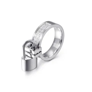 Fashion Ring Stainless Steel Double Row Zirconia With Hanging Lock Pendant Punk Industrial Style Jewelry Women Men
