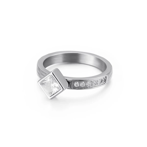 Minimalist square zircon ring with micro-pave setting in silver-tone stainless steel