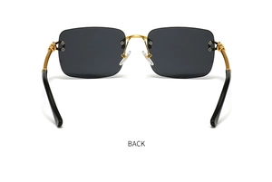 Rear view of rimless square sunglasses with golden twisted metal temples and dark lenses