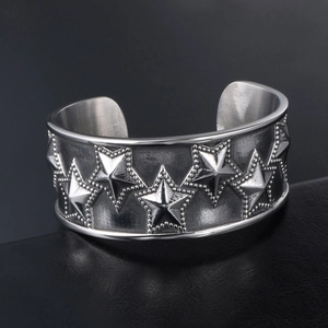 Retro punk titanium steel wide open bangle with embossed star patterns on leather