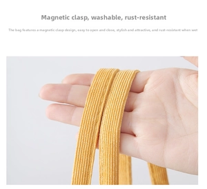 Detail of yellow corduroy tote bag with rust-proof magnetic clasp closure and soft texture