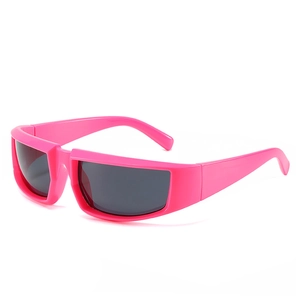 Y2K style pink wraparound sports sunglasses with dark lenses for outdoor activities