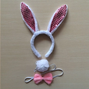 Three-piece plush rabbit ear headband set with pink sequins and bow tie for wedding games