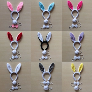 Plush bunny ear headband set with bowtie and tail in nine colors for festive parties