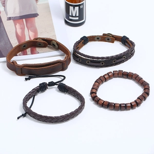 Retro 4-piece woven cowhide leather bracelet set for men with wood beads and metal clasp