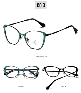 Three-angle view of two-tone cat-eye glasses frame with blue light blocking lenses
