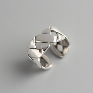 Minimalist S925 sterling silver woven wide band open ring with metallic texture