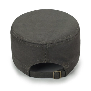 Deep olive green flat top military cap with adjustable buckle and cotton canvas texture