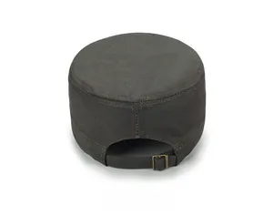 Detail of grey cadet cap back with adjustable strap and antique bronze metal buckle