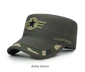 Detail of embroidered star logo and U.S.AIRFORCE lettering on olive army cap