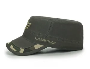 Detail view of military flat top cap featuring U.S. AIRFORCE embroidery and camo brim