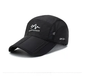 Detail of black outdoor cap featuring breathable mesh sides and UPF 50+ sun protection