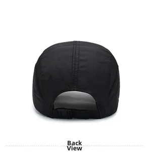 Back view of black quick-dry sports cap showing mesh vents and plastic buckle closure