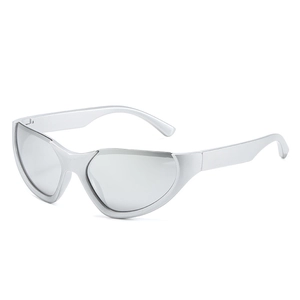 Y2K futuristic semi-rimless cat eye sports sunglasses with silver frame and mirror lenses