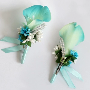 Teal PU Calla Lily Boutonniere Set for Weddings with Rhinestones and Blue Ribbon Detail