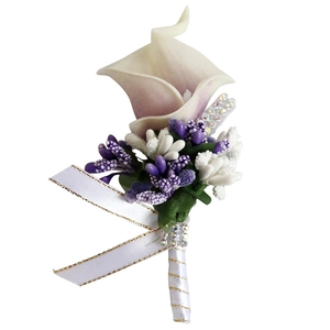 Handmade white Calla Lily wedding boutonniere with purple accents and rhinestones