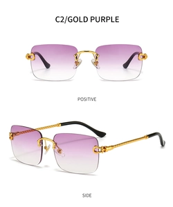 Detail view of rimless square sunglasses with purple gradient lenses and gold twisted metal legs