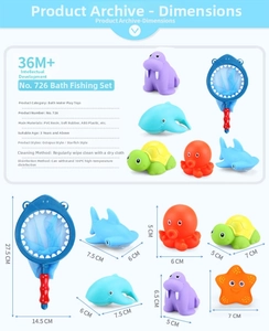 Size chart showing baby bath toy dimensions for shark net and six floating ocean animals