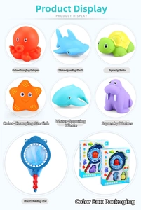 Detail of 8-piece baby bath toy set featuring shark net and colorful aquatic animals