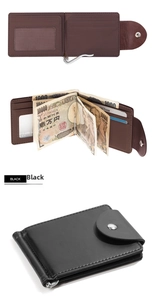Detail view of men's short PU leather wallet with metal money clip and card slots