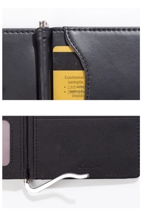 Macro detail of black PU leather wallet showing metal money clip and card slots