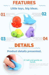 Close-up of soft PVC baby bath toys showing water spraying feature and grip texture