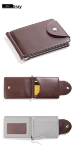 Detailed view of bicolor PU leather wallet with card slots and metal spring money clip