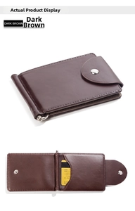 Detail view of coffee brown PU leather wallet featuring a metal money clip and card slot