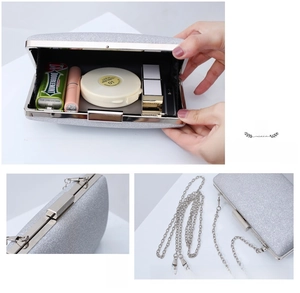 Detail view of silver sequin evening bag interior capacity for lipstick and makeup