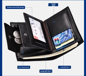 Detailed interior of black leather men's wallet featuring coin pocket and multi card slots