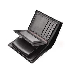 Detailed interior of a black PU leather men's wallet with multiple card slots and photo window