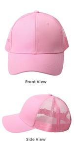 Front and side view of pink breathable trucker cap with mesh back and curved brim