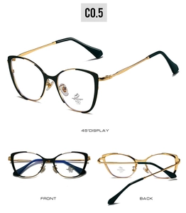 Three-angle view of black and gold cat-eye metal frames with anti-blue light lenses