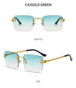 Detailed views of gold rimless sunglasses with green gradient lenses and twisted metal arms