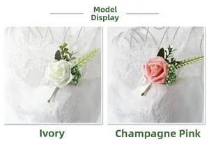 Detailed view of milky white and champagne pink PE rose boutonnieres with green leaves